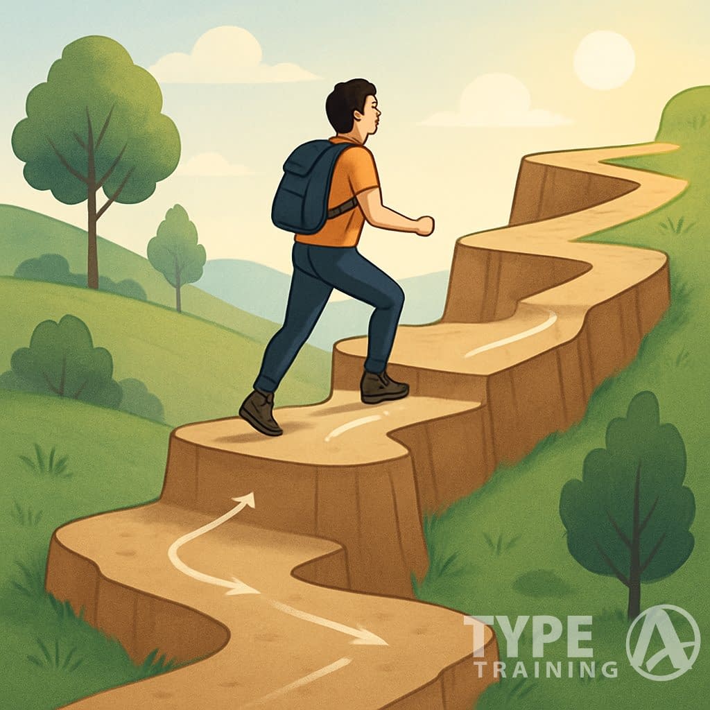 A person walking along a winding trail with flat elevated sections, moving upward through a natural landscape with trees and hills.