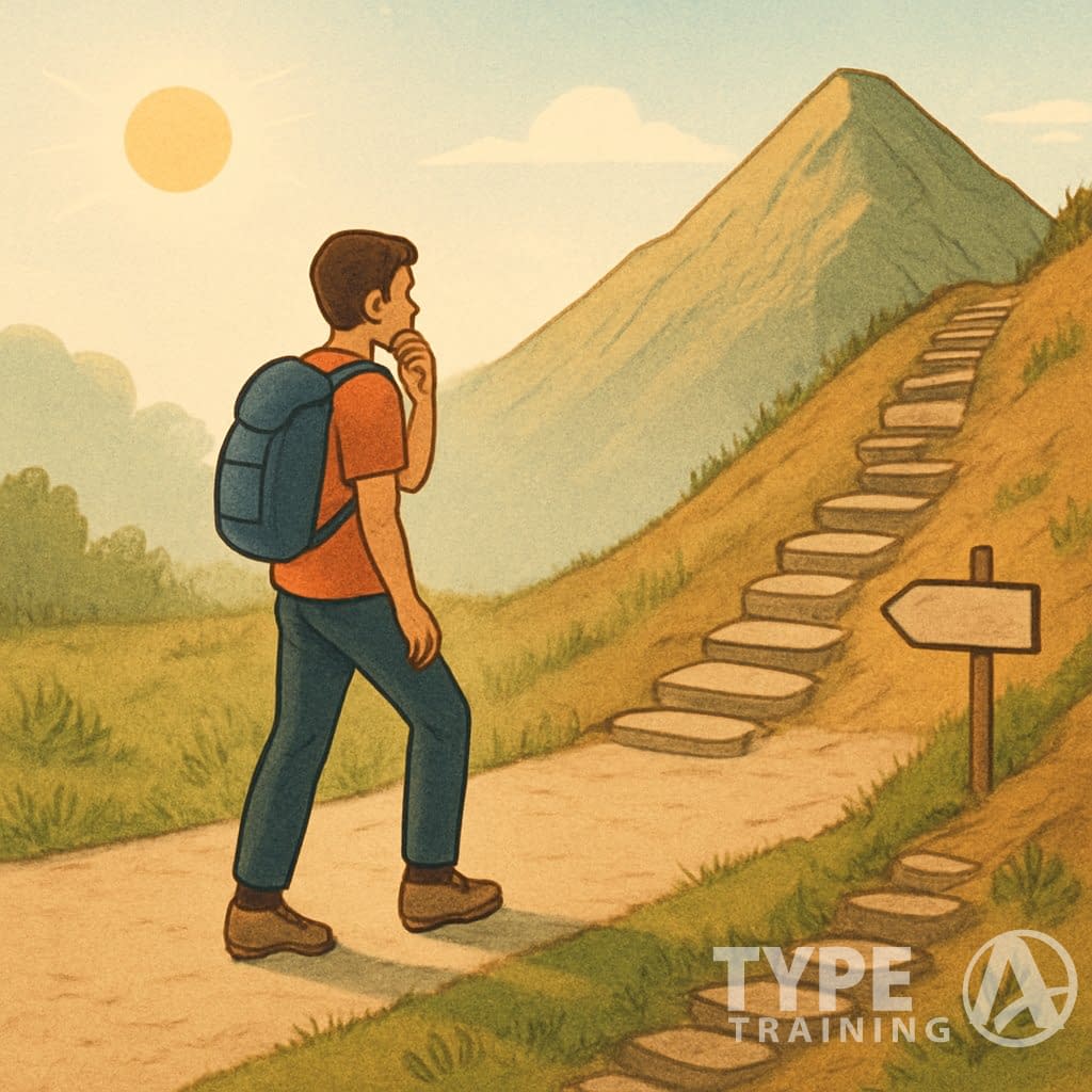 A person walking on a path that changes from flat to uphill, pausing at the transition point, surrounded by nature and signs of progress.