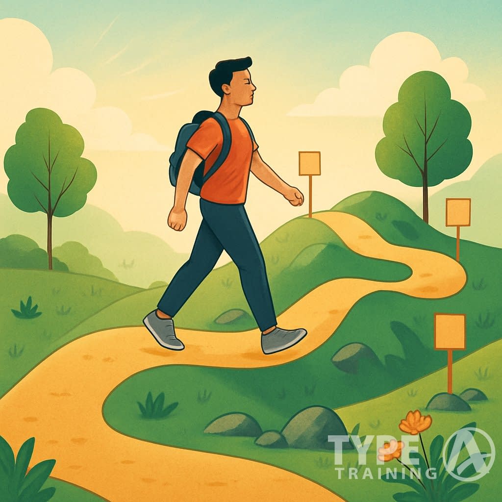 A person walking on a winding path with gentle hills and signposts, surrounded by trees and nature, symbolizing progress and setting new goals.