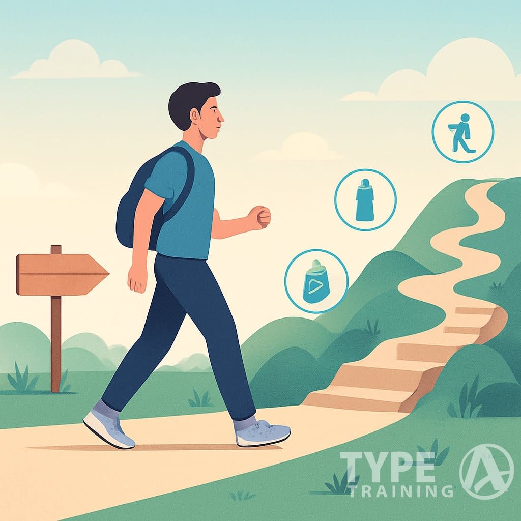 A person walking on a path that changes from flat to uphill steps, symbolizing progress beyond a walking plateau.