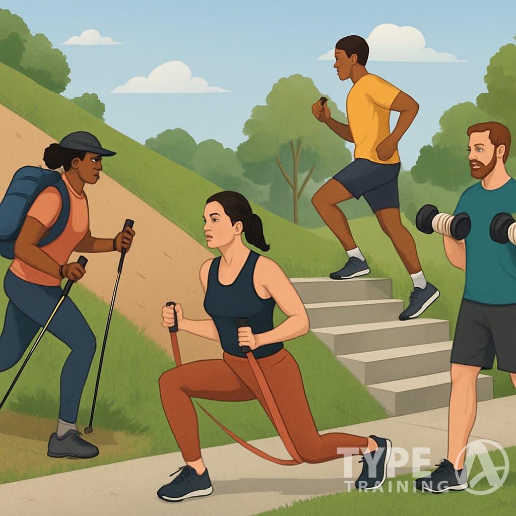 People exercising outdoors including hiking uphill, climbing stairs, using resistance bands, and lifting weights on a trail that slopes upward.