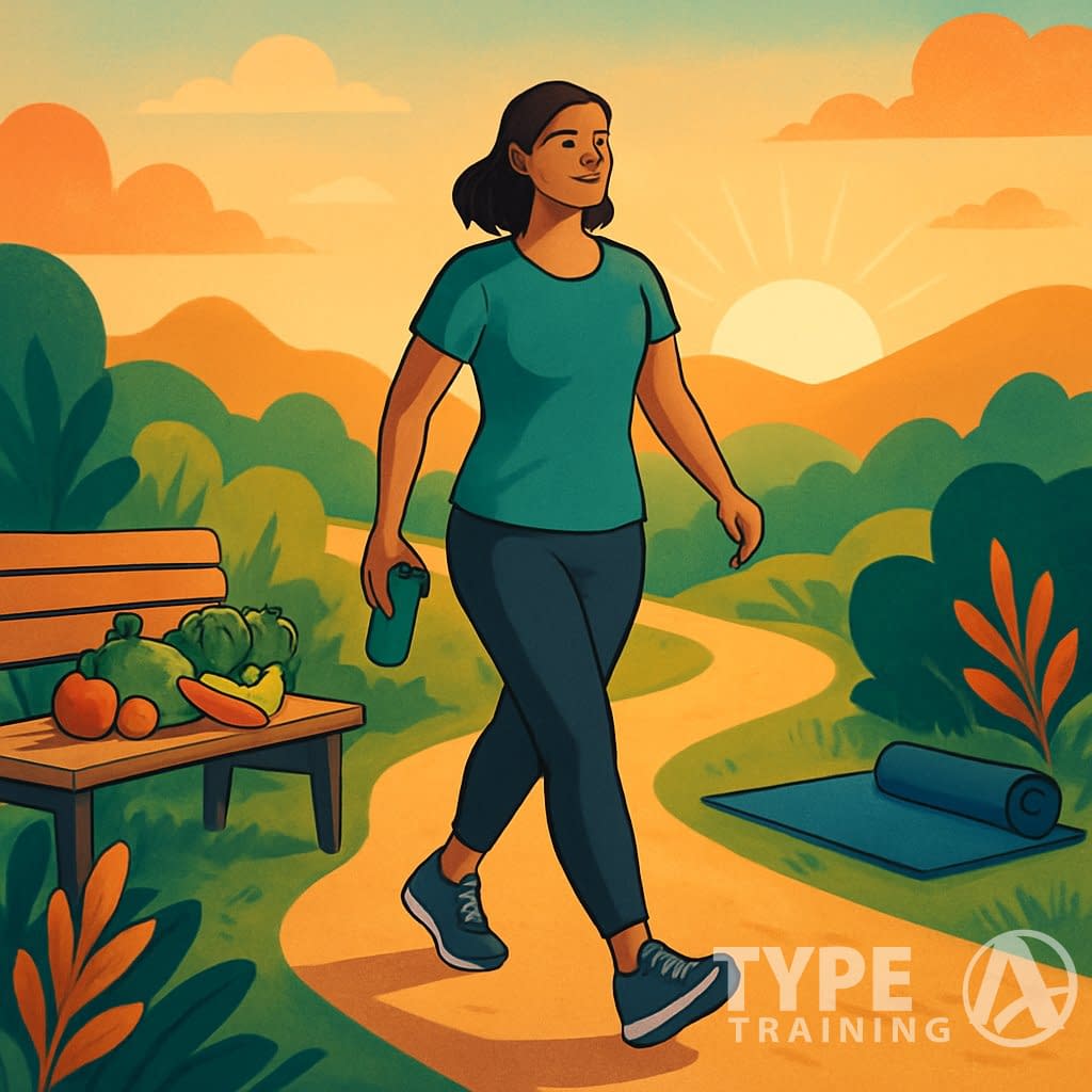 A person walking on a nature path with fruits and recovery gear nearby, symbolizing progress in fitness and nutrition.