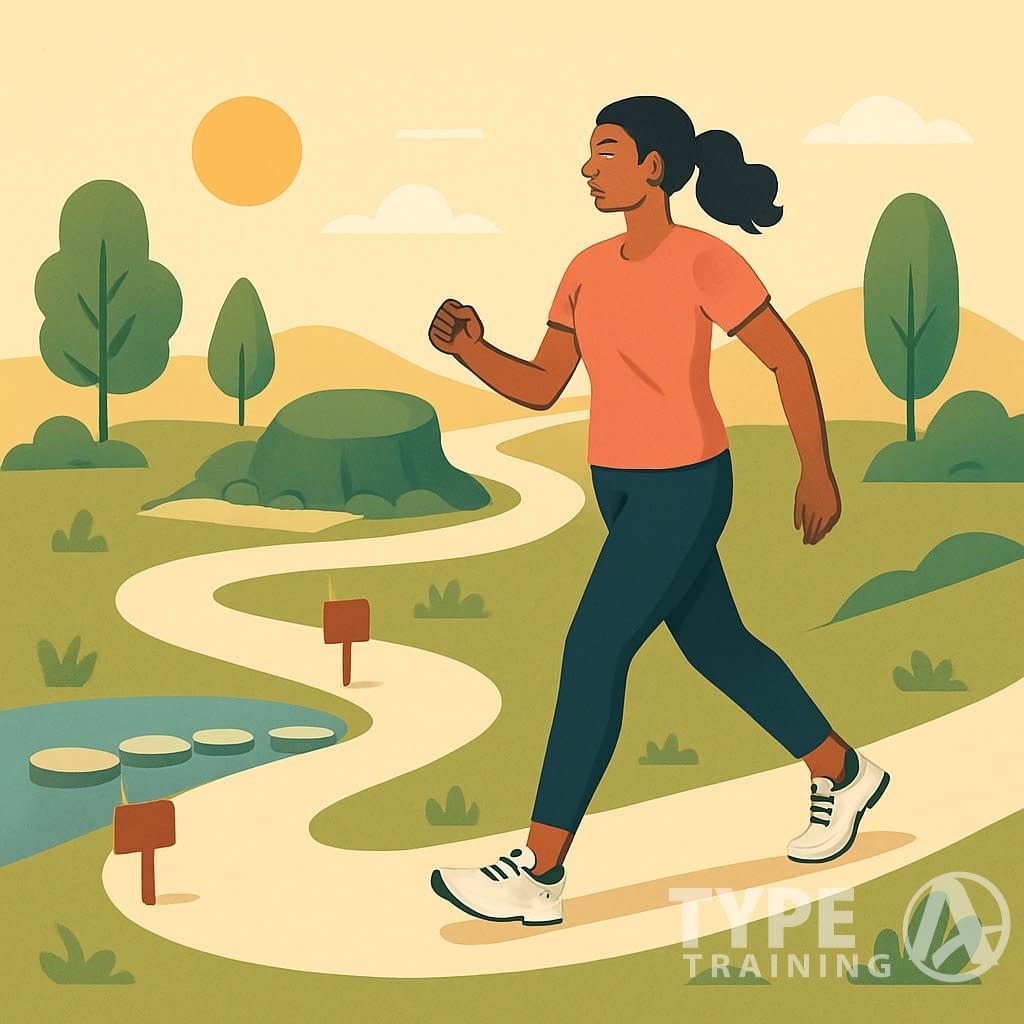 A person walking confidently on a winding path with small hills and milestones, symbolizing progress and overcoming challenges in a fitness journey.