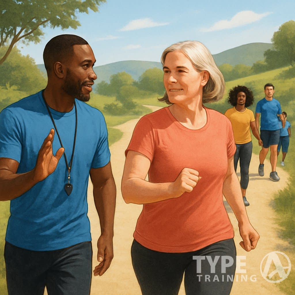 A fitness coach guiding a woman walking energetically on a scenic outdoor path with other people walking in the background.
