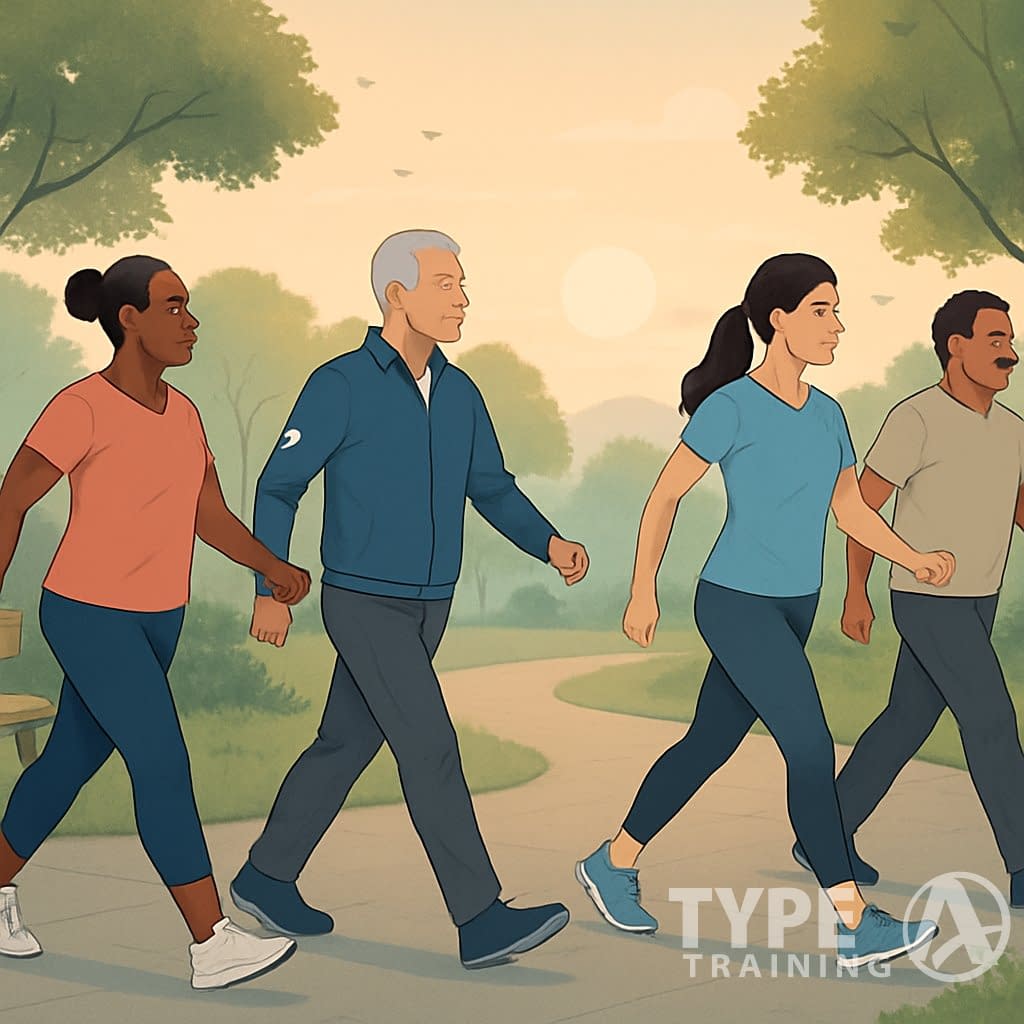 A group of diverse adults walking briskly on a park path in the early morning surrounded by trees and greenery.