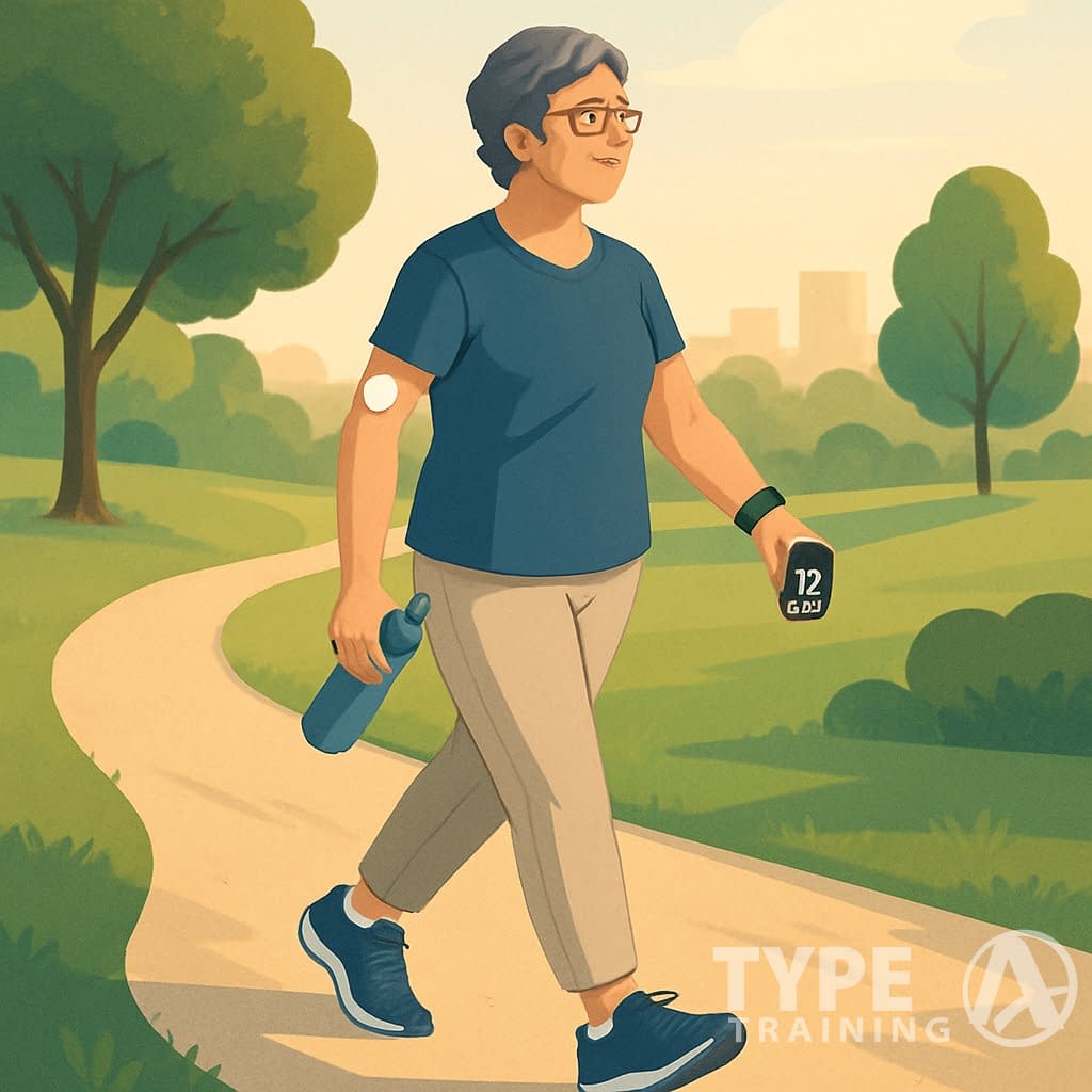 A person walking on a park path in the early morning or late afternoon, wearing athletic clothes and a fitness tracker, surrounded by trees and grass.