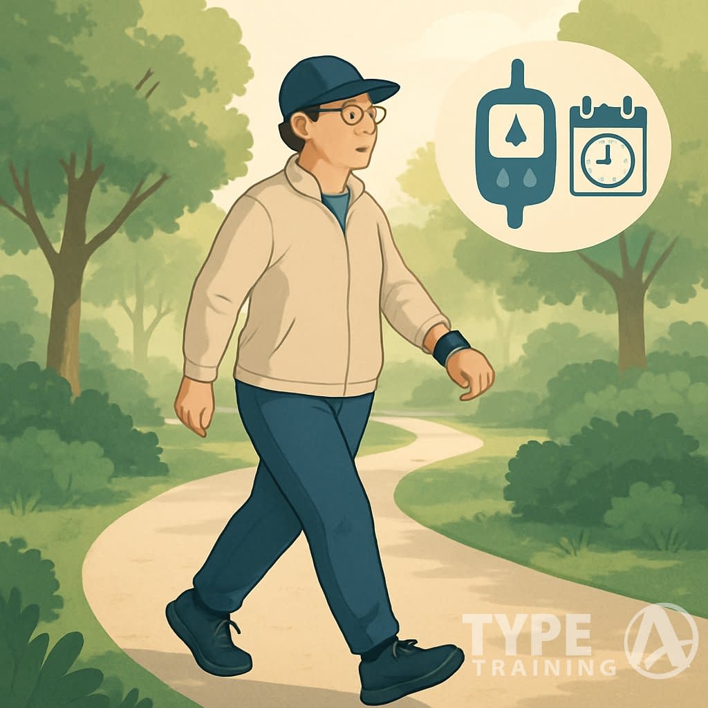A person walking on a park path wearing a fitness tracker, surrounded by trees and sunlight, with subtle icons representing blood sugar monitoring and time in the background.