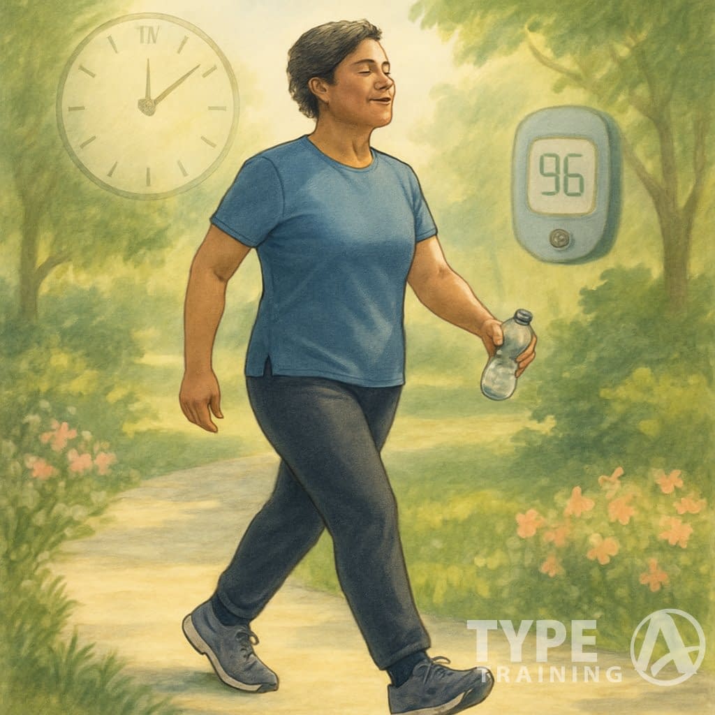 A person walking on a sunny park path surrounded by greenery, carrying a water bottle, with a clock and glucose monitor subtly shown in the background.