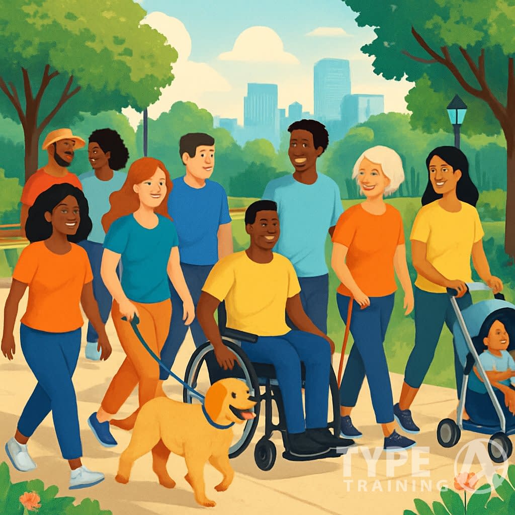 A diverse group of people walking together on a tree-lined path in a park, enjoying each other's company and the outdoors.