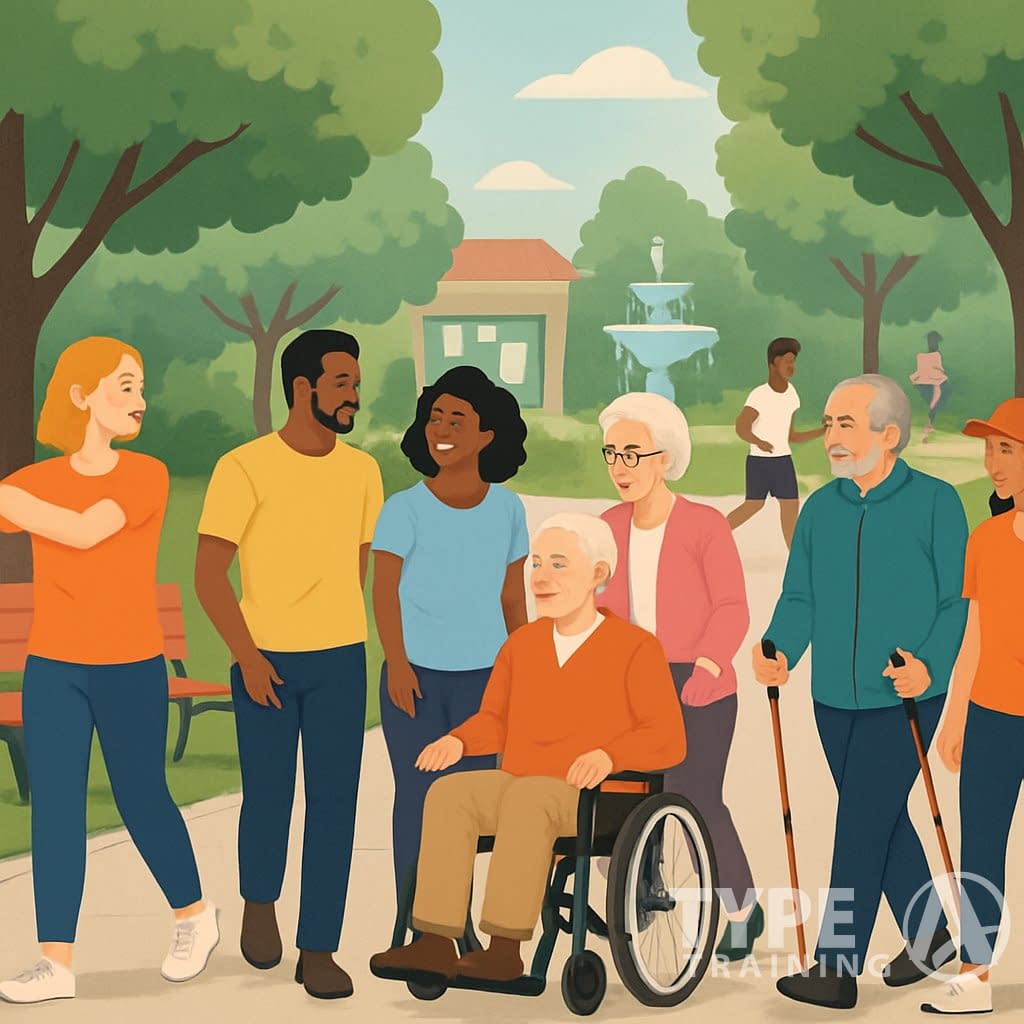 A diverse group of people walking together along a tree-lined park path, engaging in conversation and enjoying the outdoors.