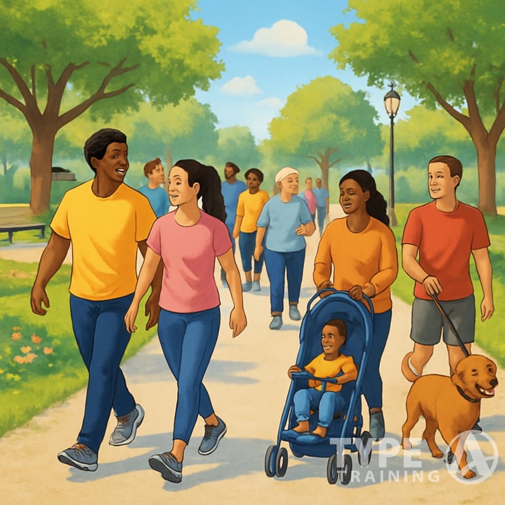 A diverse group of people walking together in a park, enjoying a sunny day and socializing along tree-lined paths.