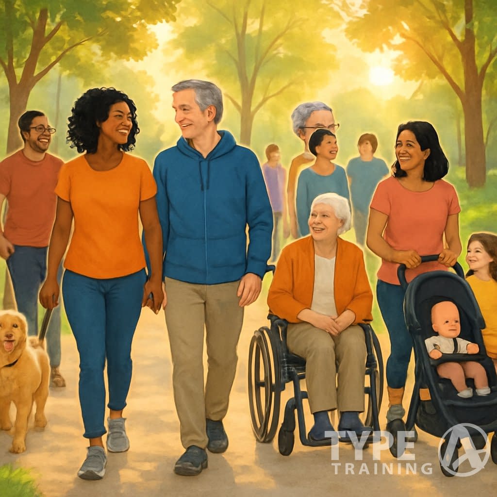 A diverse group of people walking together on a park path, talking and smiling, surrounded by trees and flowers.