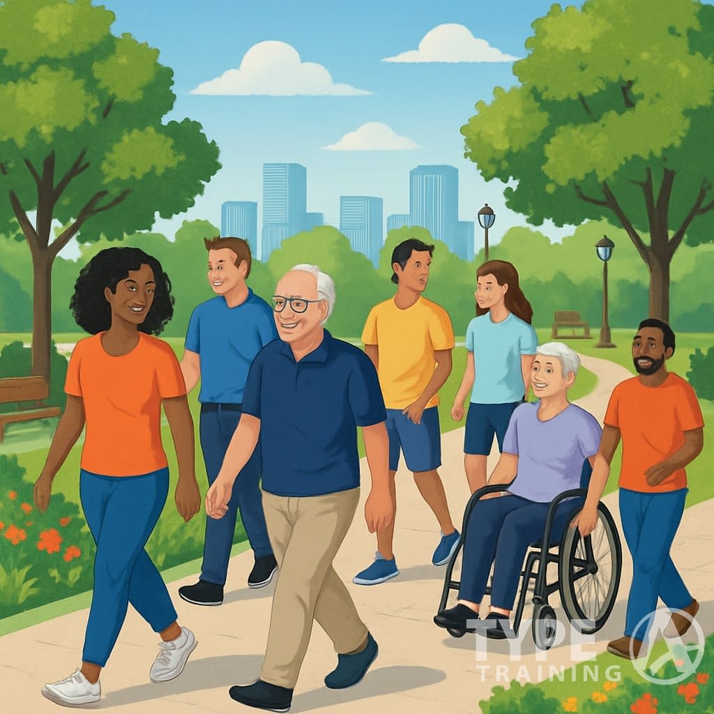 A diverse group of people walking together on a park path surrounded by trees and greenery, enjoying each other's company.