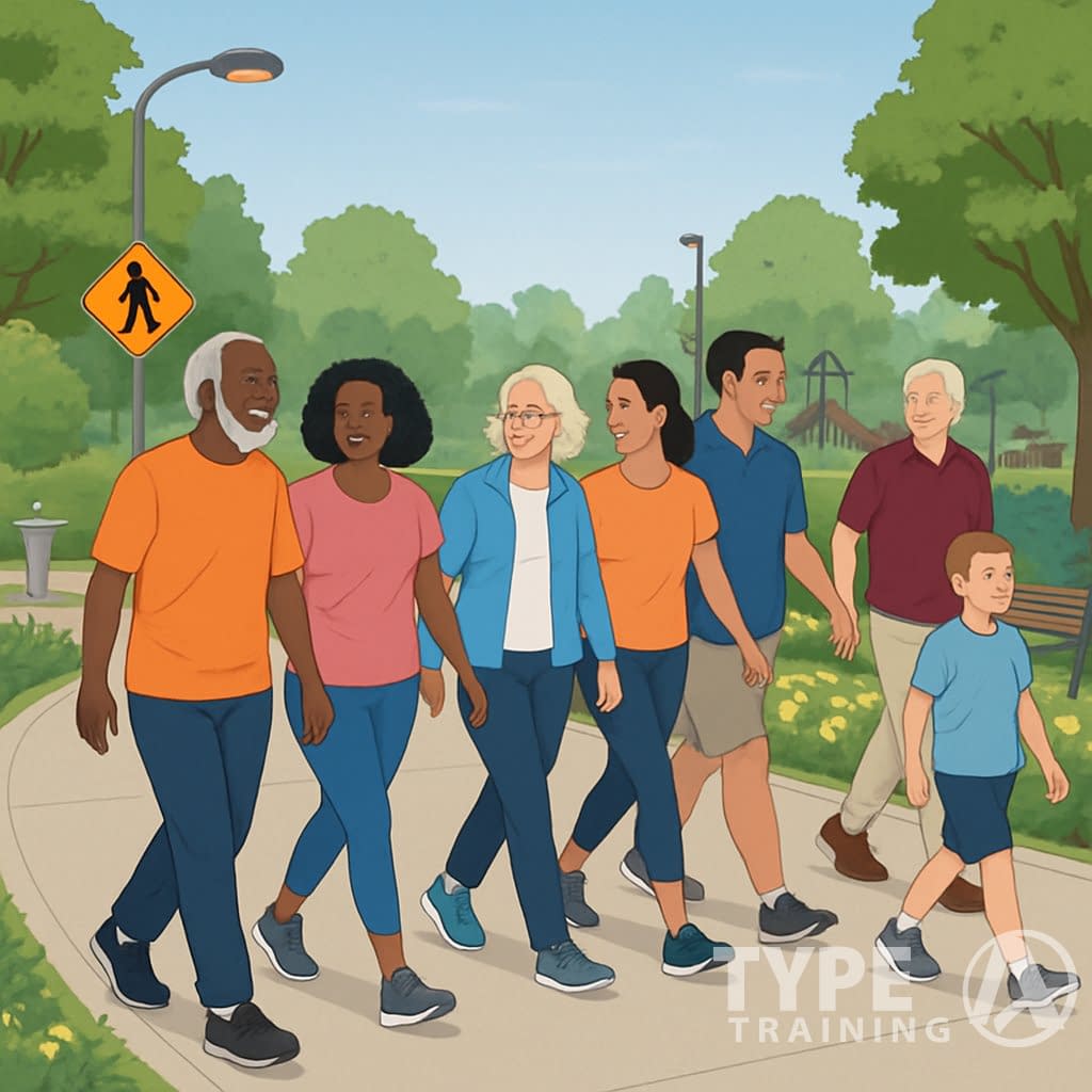 A diverse group of people walking together on a safe, tree-lined park path, enjoying a social and healthy outdoor activity.