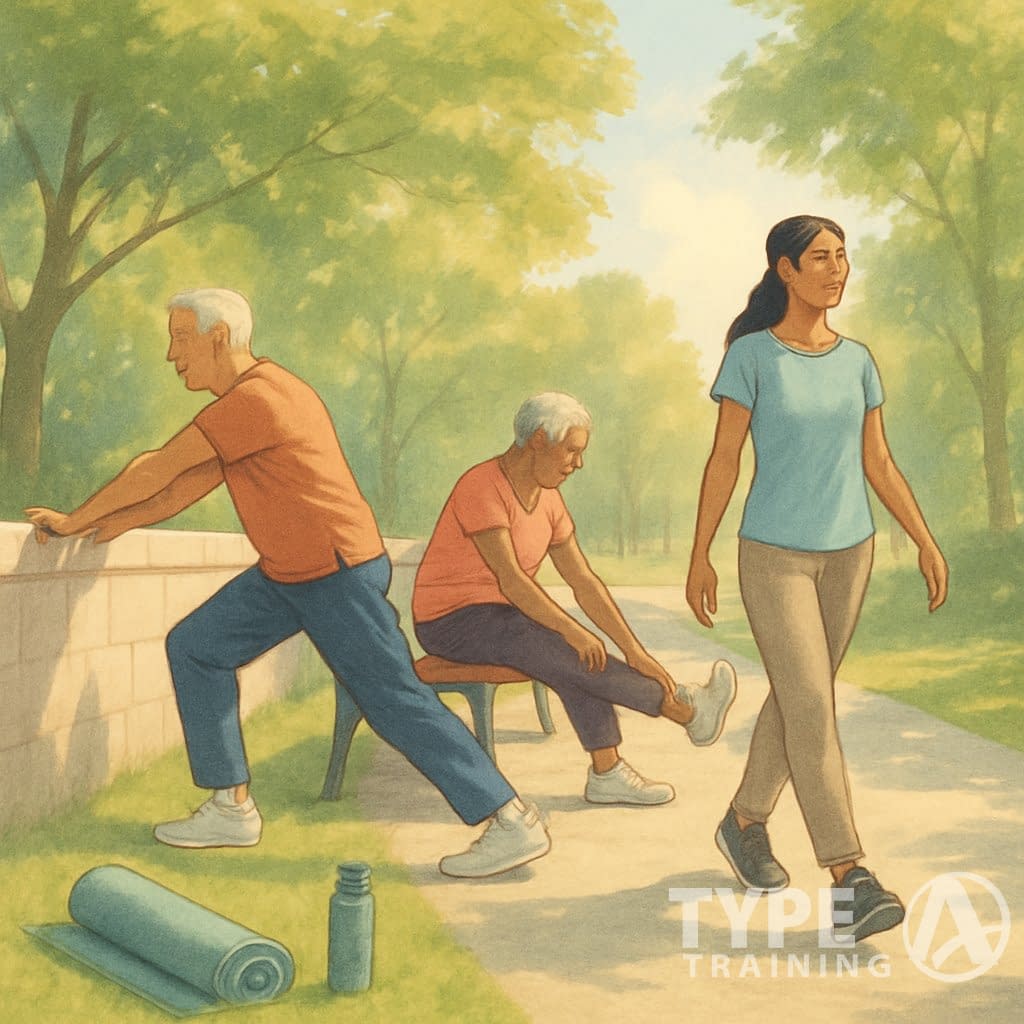 People stretching and walking gently in a sunny park surrounded by trees, with exercise equipment nearby.