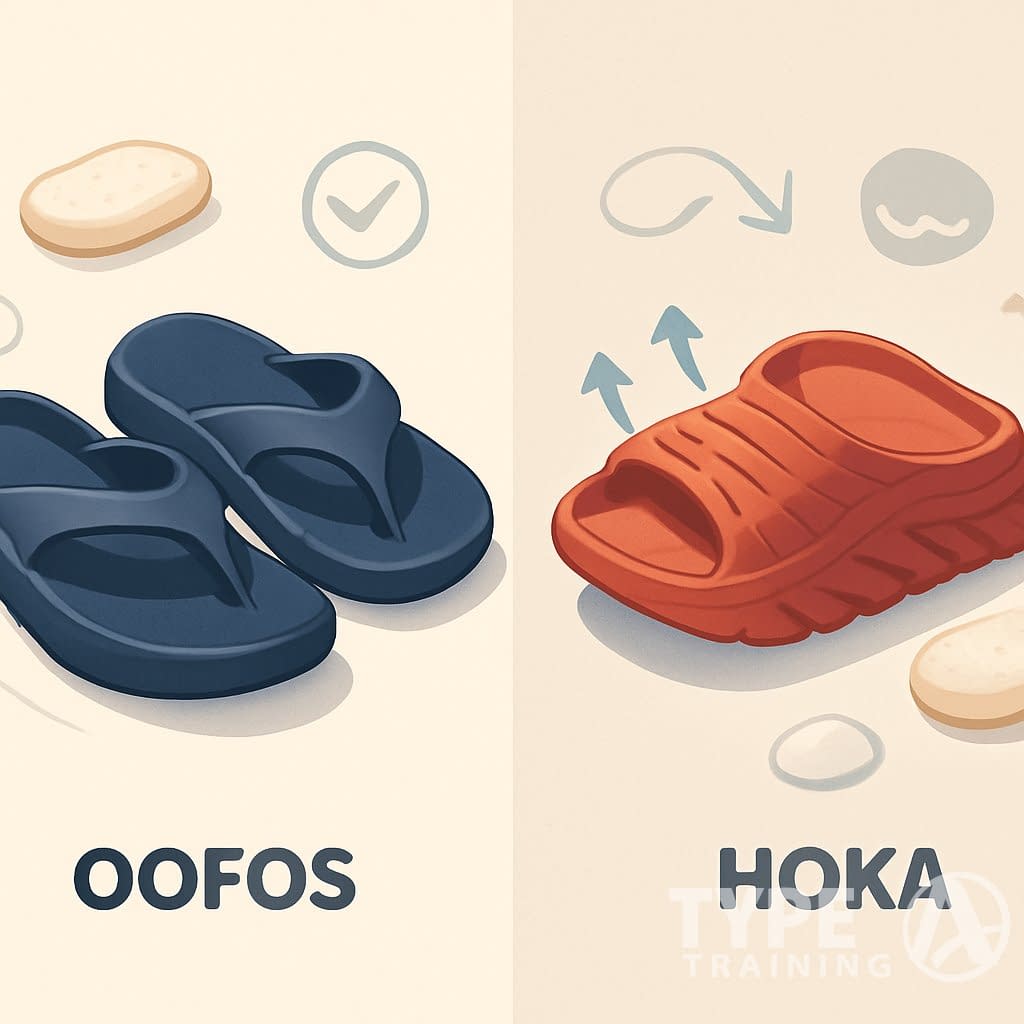 Two pairs of recovery sandals placed side by side on a surface, showing their distinct designs and cushioning features.