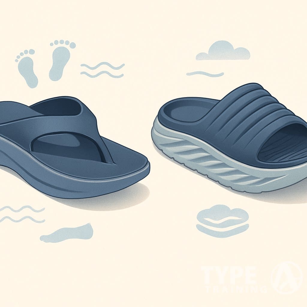 Two pairs of recovery sandals displayed side by side, showing their thick cushioned soles and supportive straps on a neutral background.