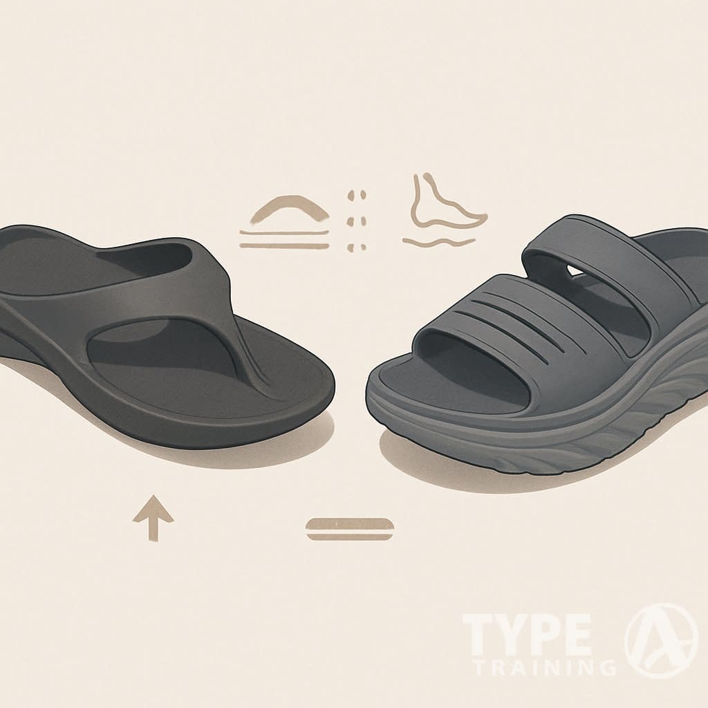 Two different recovery sandals side by side on a clean surface, showing their soles and straps with visual highlights of support and cushioning features.