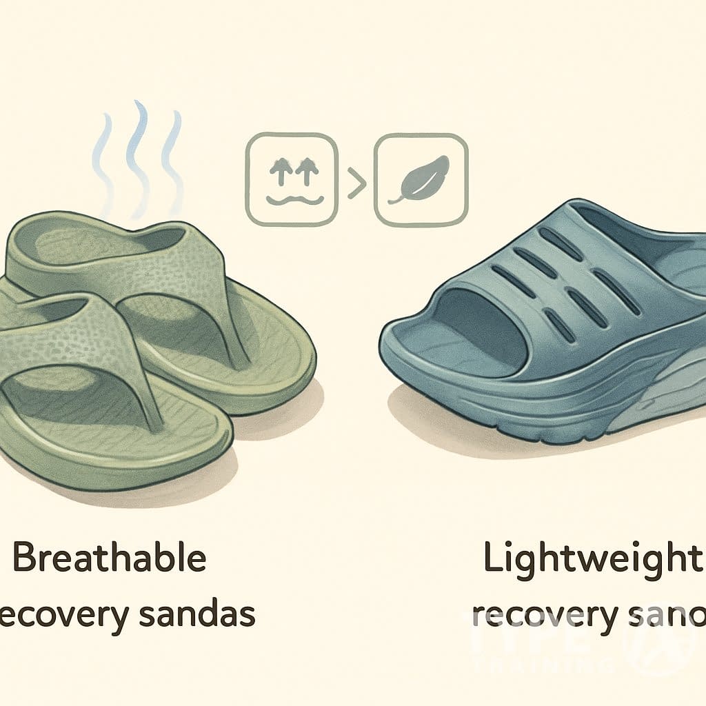 Two pairs of recovery sandals side by side, one showing breathable design with airflow effects, the other with thick cushioned soles highlighting lightweight construction.