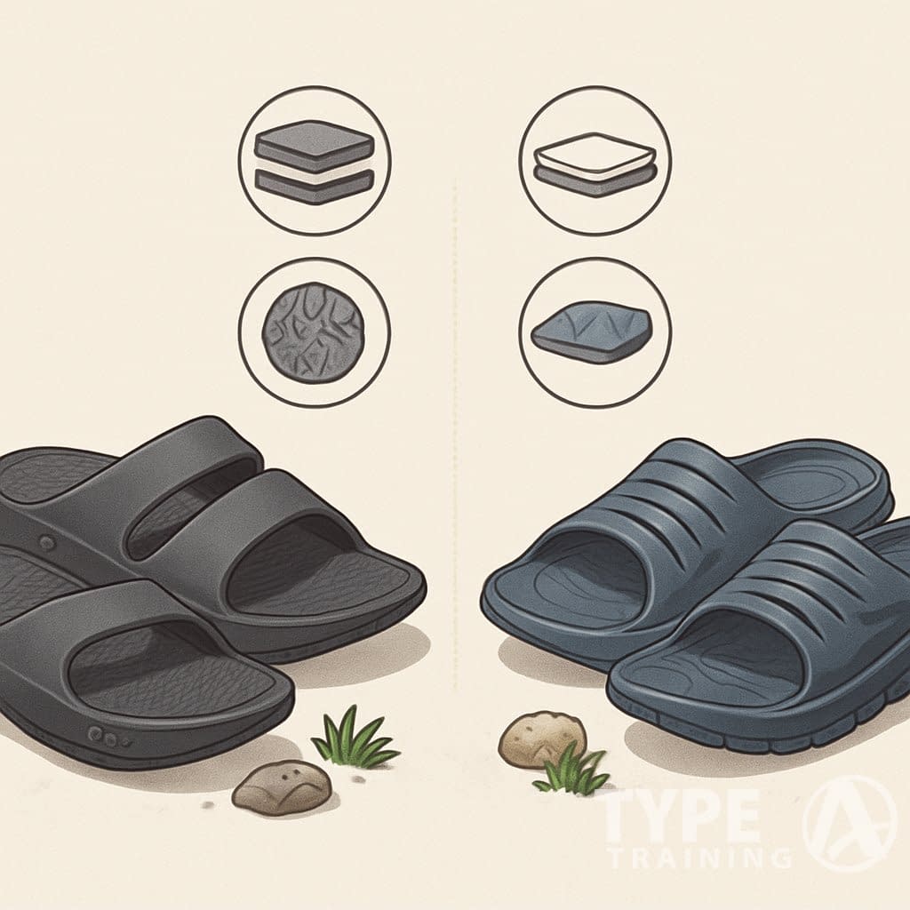 Two pairs of recovery sandals placed side by side, showing their soles and cushioning on a simple surface with small rocks and grass nearby.