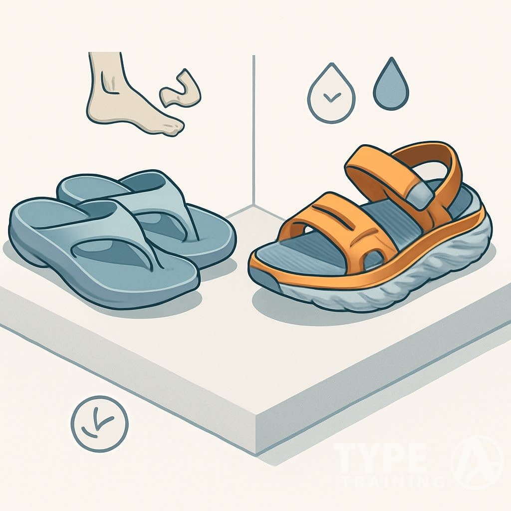 Two pairs of recovery sandals displayed side by side on a flat surface with icons representing comfort and recovery around them.