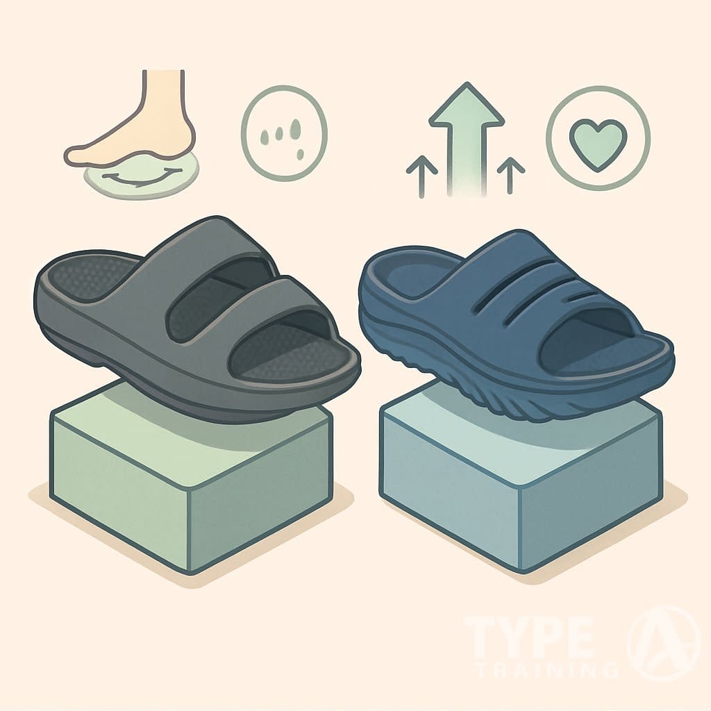 Two different recovery sandals displayed side by side on platforms with icons showing comfort and support features.