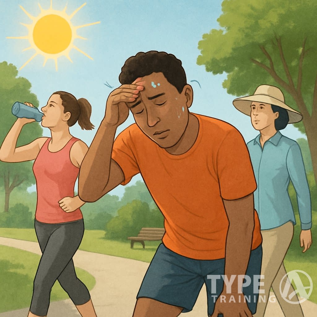 People exercising outdoors on a sunny day, with one person showing signs of heat exhaustion and others practicing safe habits like drinking water and wearing sun protection.