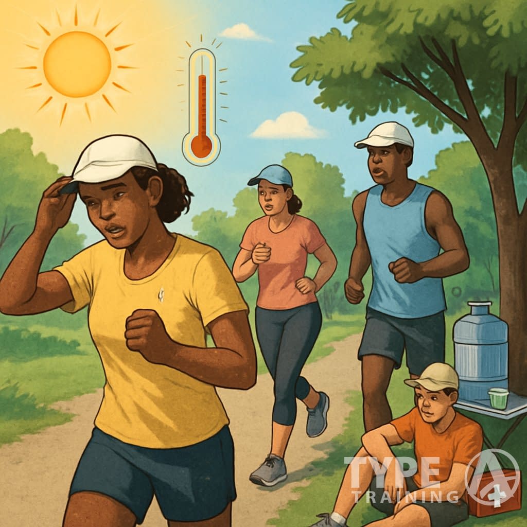 People exercising outdoors in the sun with some resting and drinking water near a shaded area, illustrating heat exhaustion and safe outdoor exercise.