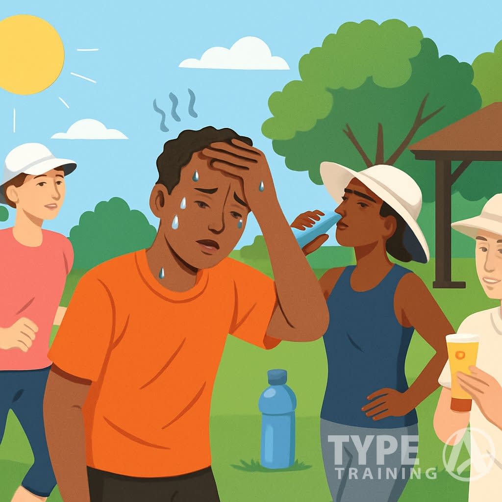 People exercising outdoors on a sunny day, one person showing signs of heat exhaustion while others drink water and rest in the shade.