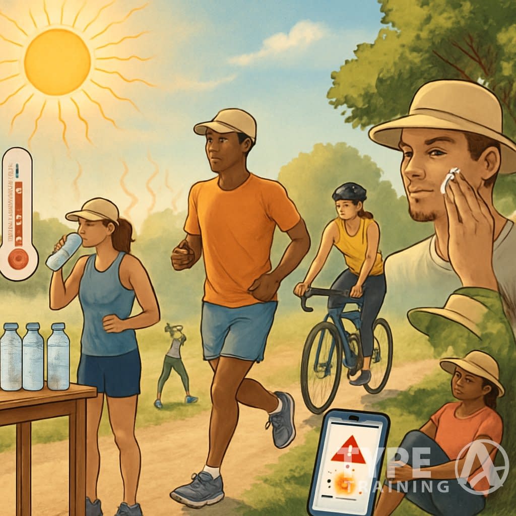 People exercising outdoors on a hot sunny day with some resting in the shade and drinking water, surrounded by trees and a clear sky.