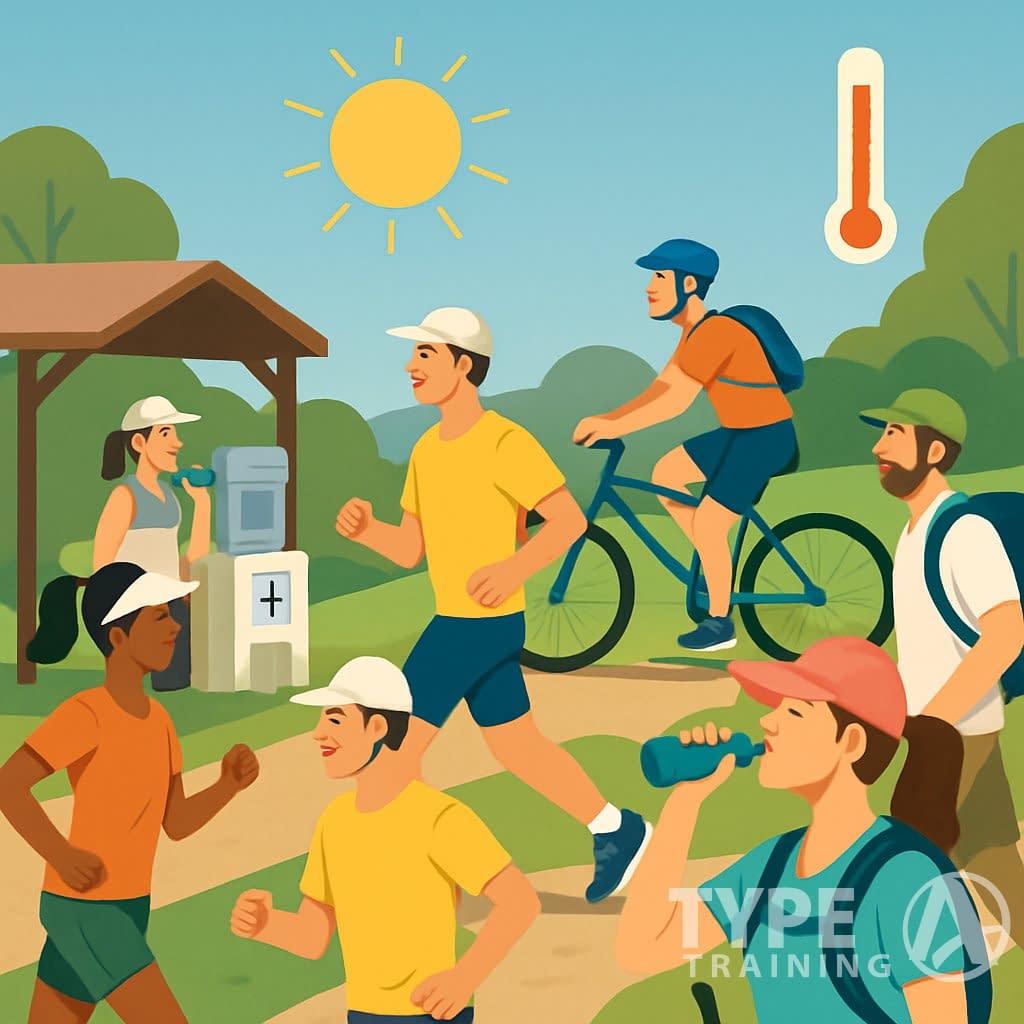 People exercising outdoors in warm weather, drinking water and resting in a shaded area with a first aid station nearby.