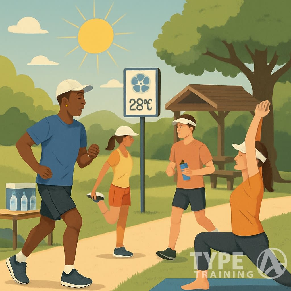 People exercising outdoors on a sunny day with water and shaded rest areas to stay safe from heat exhaustion.