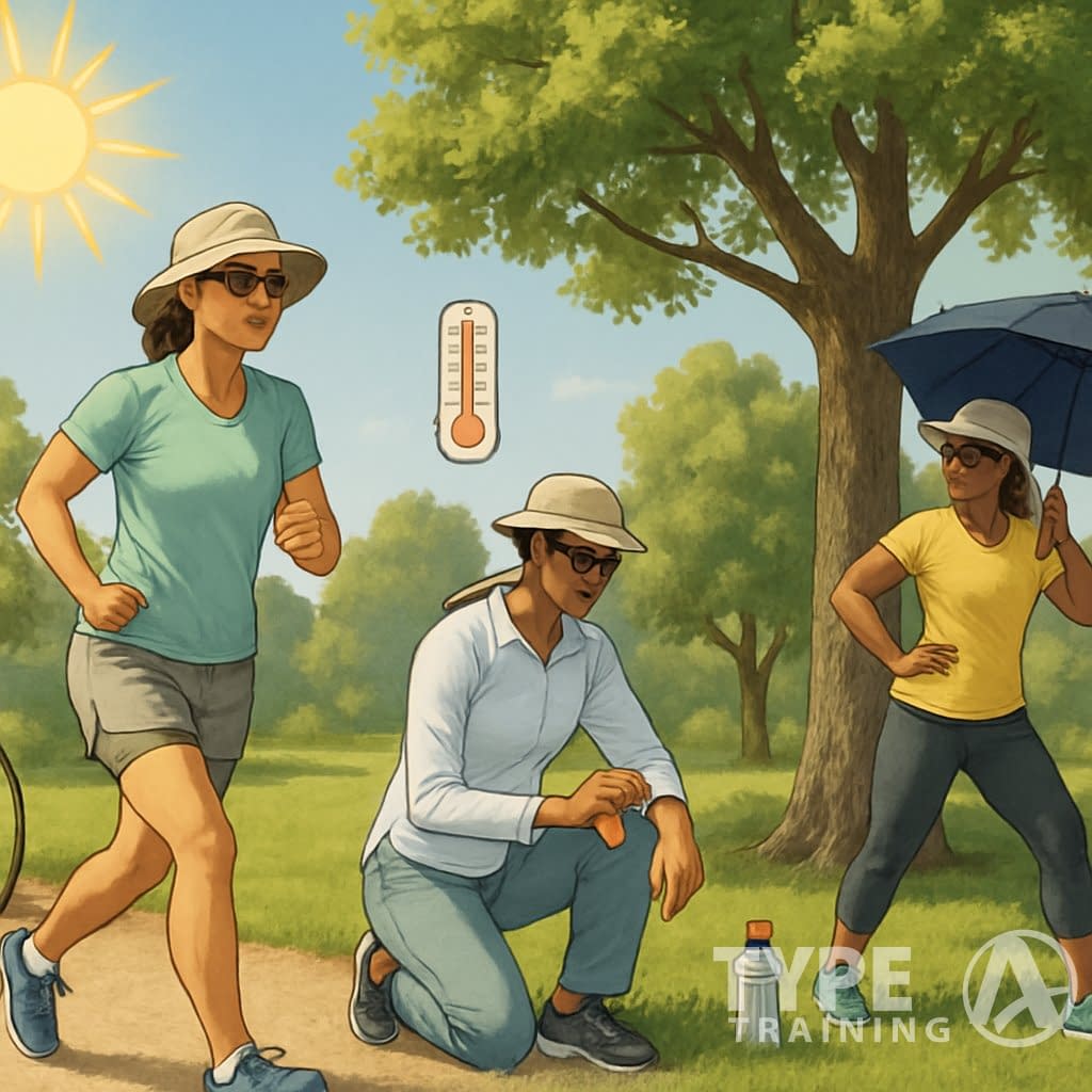 People exercising outdoors in a sunny park wearing hats, sunglasses, and breathable clothing, using sunscreen and staying hydrated to protect against heat exhaustion.