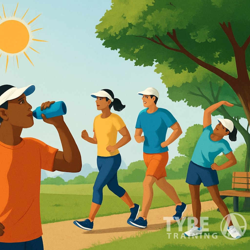 People exercising outdoors in a sunny park with some resting in the shade and drinking water to stay safe in hot weather.