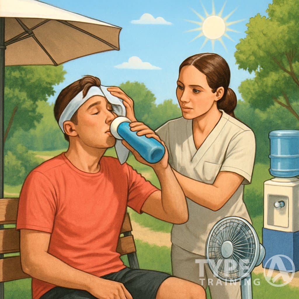 A person sitting on a park bench drinking water while a professional applies a cool cloth to their forehead, with shaded areas and cooling equipment nearby.