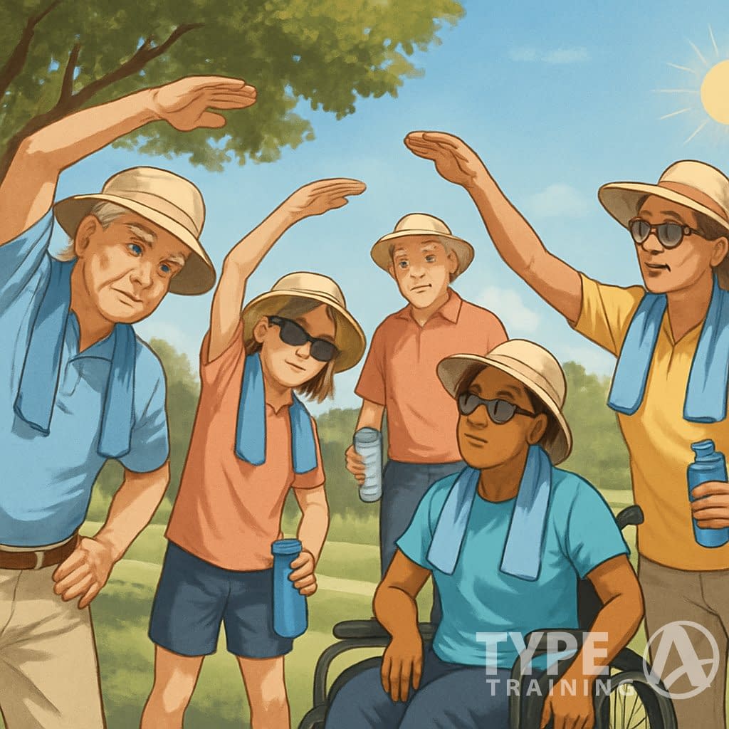 A group of elderly people, children, and a person with a disability exercising outdoors in a park with hats, water bottles, and shaded areas on a sunny day.