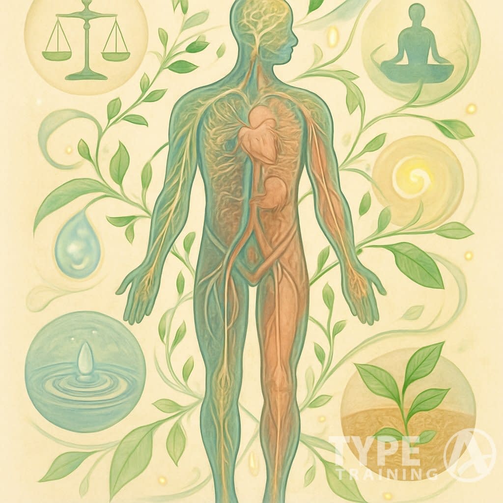 A human figure with visible internal systems connected to natural elements like vines and light orbs, illustrating the body's interconnectedness with holistic health.