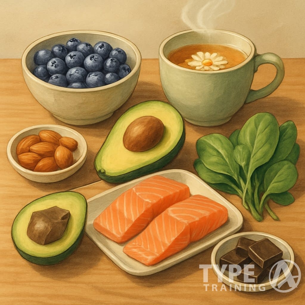 A table with an assortment of foods that help with anxiety, including blueberries, almonds, avocado, dark chocolate, chamomile tea, salmon, and spinach.