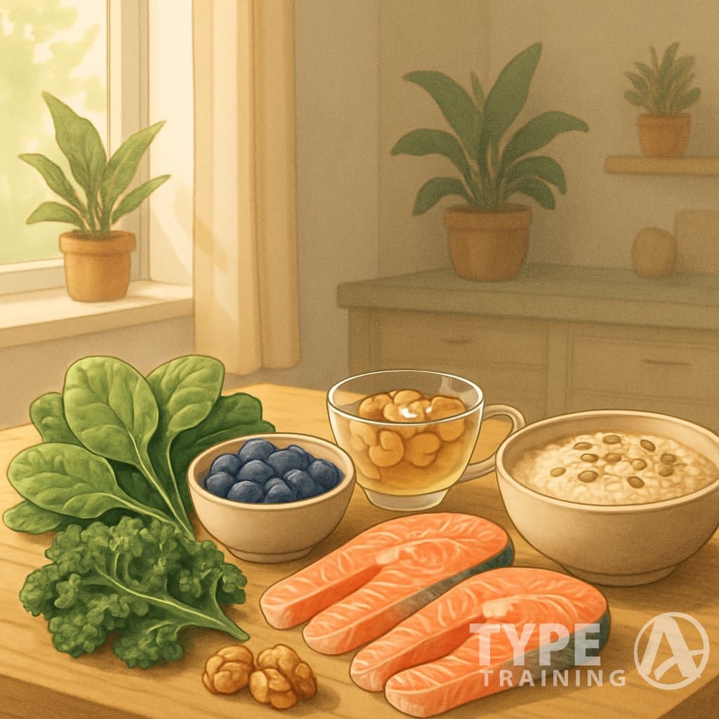 A kitchen table with calming foods like leafy greens, blueberries, walnuts, salmon, chamomile tea, and oatmeal in a warm, peaceful setting.