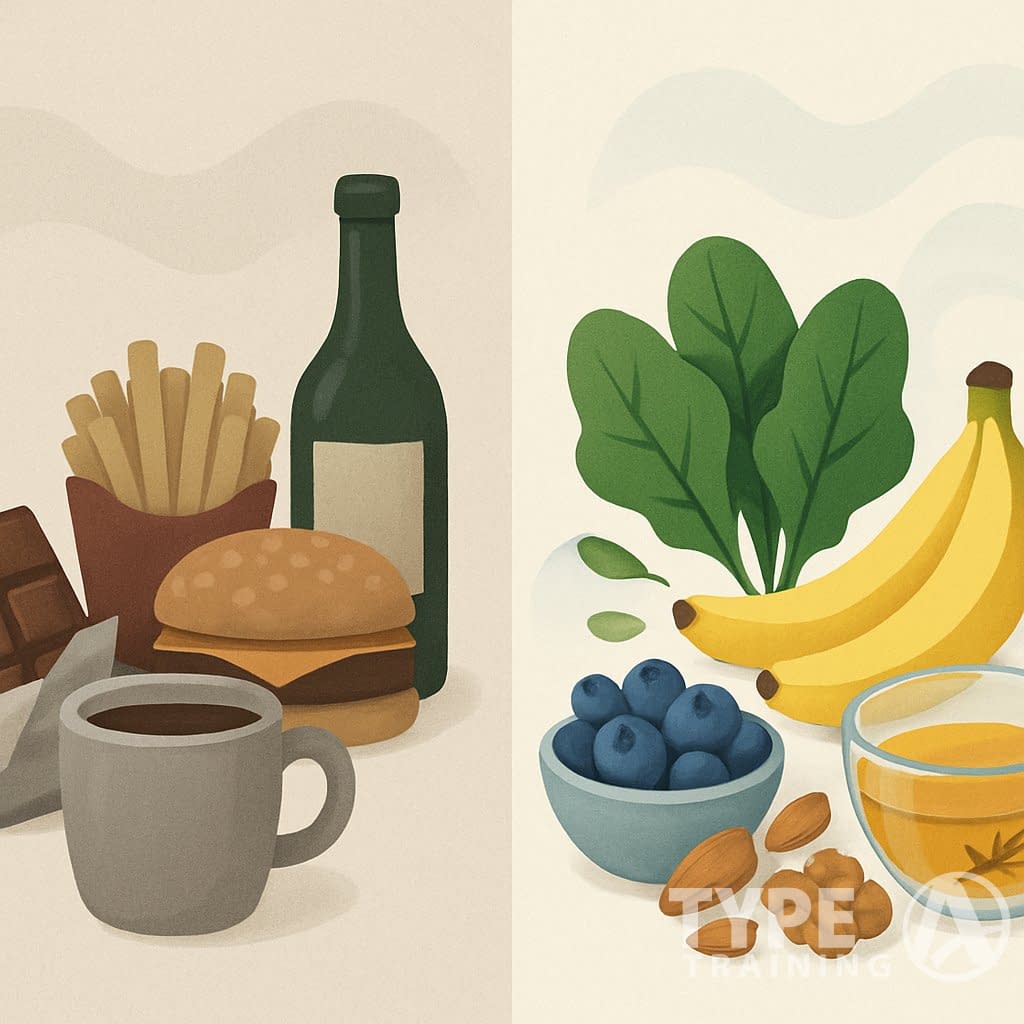 A split illustration showing foods to avoid for anxiety on one side, including sugary snacks, coffee, fast food, and alcohol, and foods that help with anxiety on the other side, including fruits, leafy greens, nuts, and herbal tea.