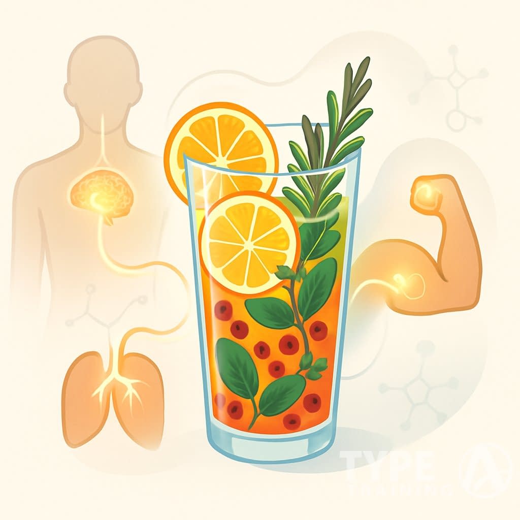 A glass of colorful cocktail surrounded by glowing highlights on a human body indicating health benefits.