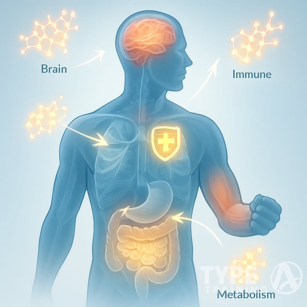 An illustration of a human body highlighting areas affected by cortisol, with molecular structures around it showing positive effects on energy, immunity, and muscles.