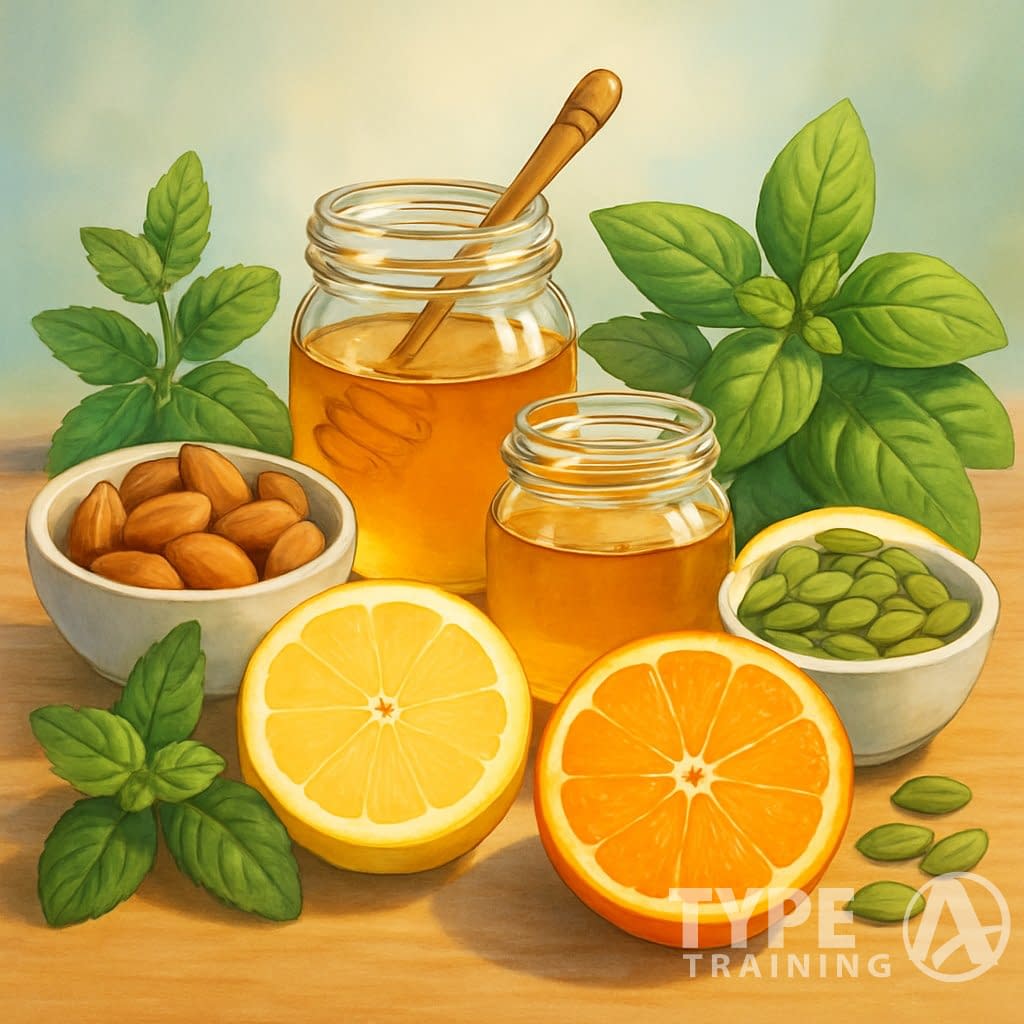 An arrangement of fresh citrus fruits, herbs, honey, nuts, and seeds on a wooden surface representing natural ingredients for health and wellness.
