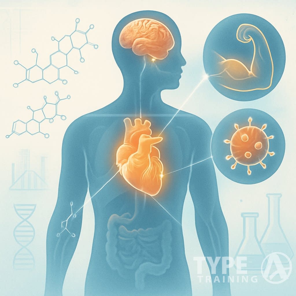 Illustration of a human body with highlighted organs and molecular structures representing cortisol and its benefits, surrounded by scientific symbols and laboratory elements.