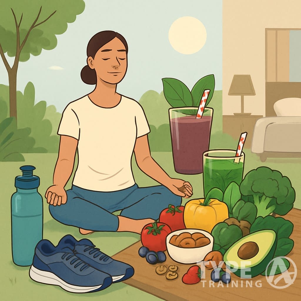 A person meditating outdoors surrounded by healthy foods, a smoothie, water, running shoes, and a calm bedroom scene, representing lifestyle factors for adrenal and cortisol health.