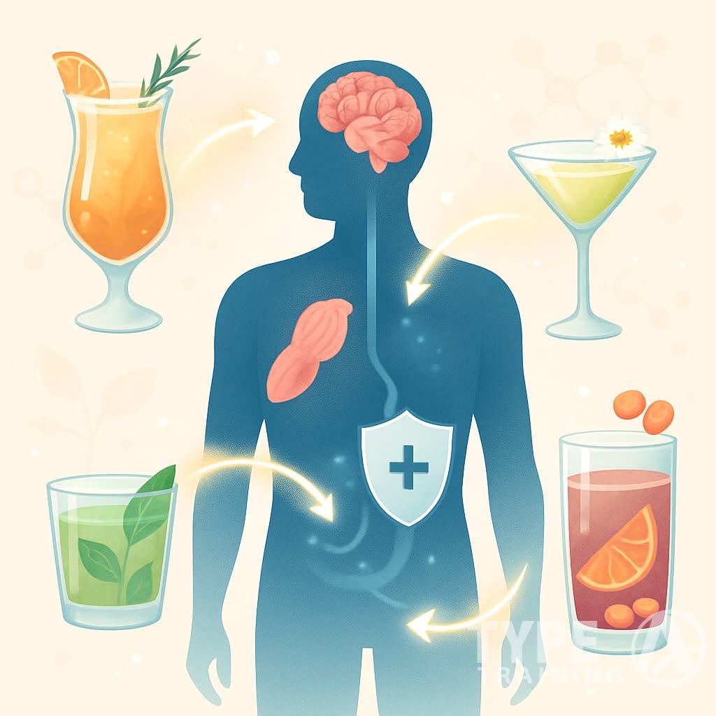 Illustration of a human figure with highlighted body parts connected to colorful cocktail glasses containing natural ingredients, representing health benefits.