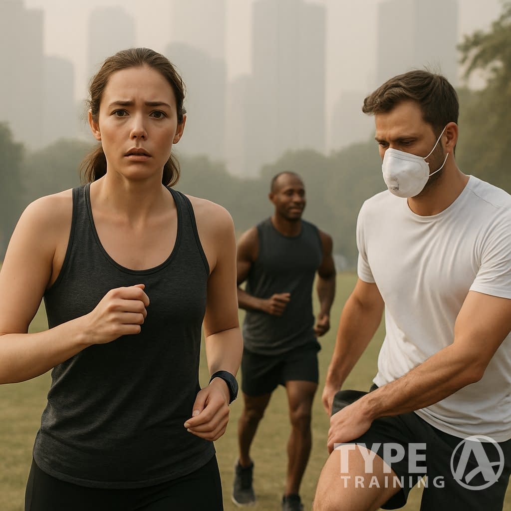 People exercising outdoors in a city park on a hazy day with visible air pollution in the background.