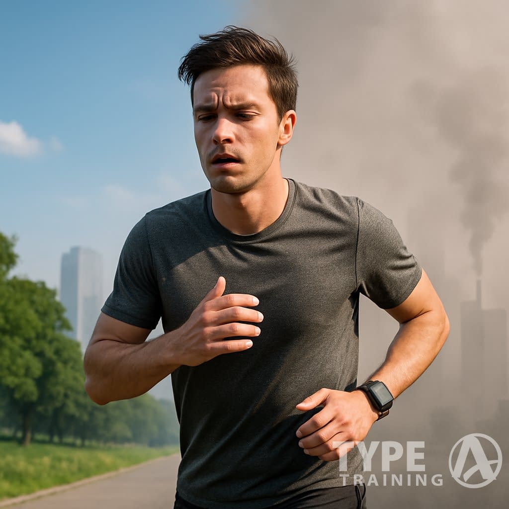A person jogging outdoors in a city with visible air pollution and smog in the background, showing the contrast between clean and polluted air.