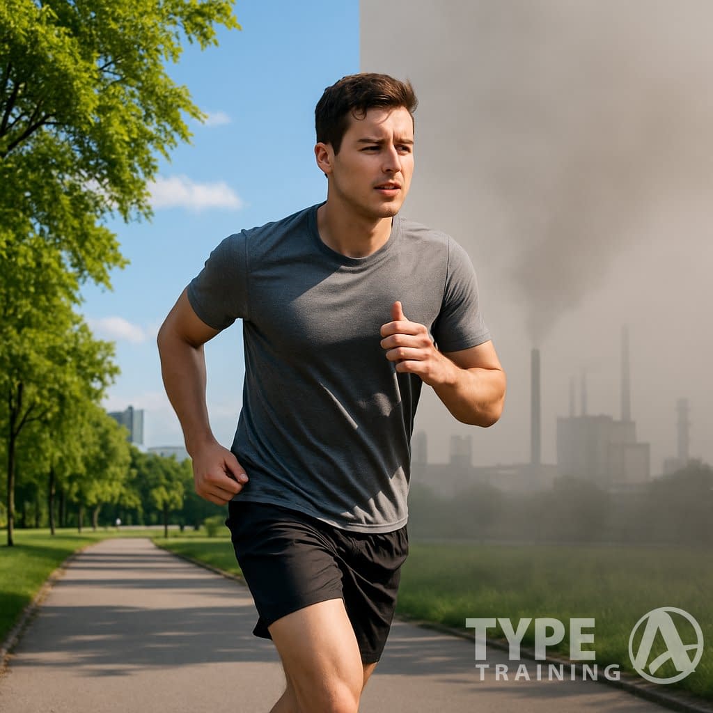 A person jogging on a park path with one side showing clear air and greenery and the other side showing hazy, polluted air and industrial buildings.