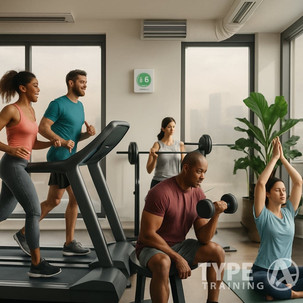 People exercising indoors in a gym with air quality monitors and a city view showing outdoor pollution.